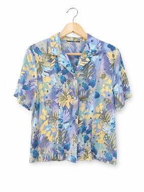 Vintage 90s Watercolor Floral Tie Back Blouse Top Blue Yellow Tropical Resort XL